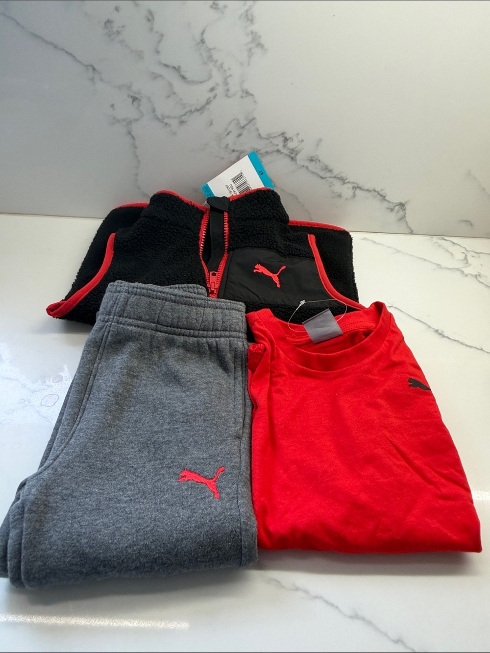 Puma Kids Red Tee with Gray Joggers and Black Fleece Vest